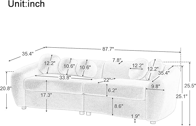 87.7 Modern Curved Sofa Back Upholstered Couch with 5 Decorative Throw Pillows Teddy Fabric Couch for Living Room Office Apartment Gray
