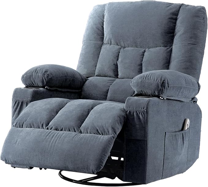 Swivel Recliner Chair for AdultsRocker Recliner with Vibration Massage and Lumbar HeatErgonomic Rocking Chair with Side Pocket2 Cup Holders for Living Room