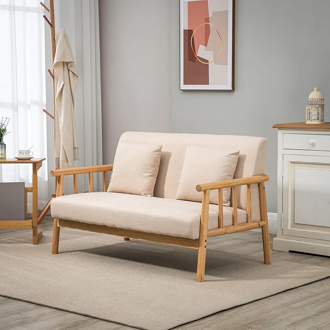 Modern Compact 48'' Loveseat with Linen Upholstery and Wood Legs Perfect for Bedroom Living Room Furniture (Beige)
