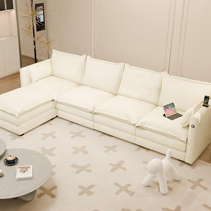 DYHOME l Shaped Sectional Couch with Padded Armrests Modern Modular Sectional Sofa 4 Seat with USB/Type-C Charging Port 27 Inch Deep Seat Chenille Cloud Couch with 6 Pillow for Living Room Bedroom