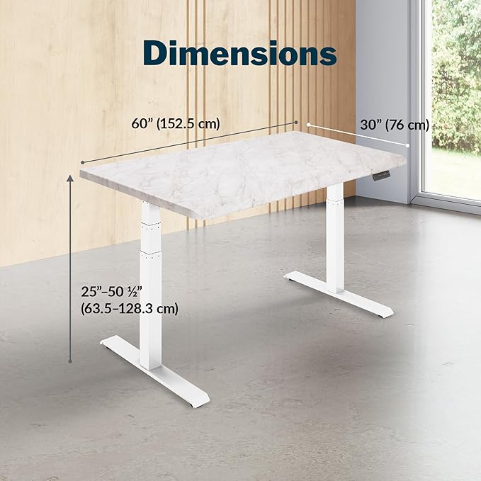 Vari ComfortEdge 60x30 Inch Adjustable Electric Standing Desk – Limited Edition Sit Stand VariDesk with Memory Presets &amp Sloped Front Edge + Tool-Free Assembly (Marble/White Legs)