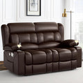 Loveseat Recliner Sofa PU Leather Reclining Loveseat with USB Charge Ports Cup Holders 2 Seater Manual Pull Tab Recliner Loveseat Couches for Living Room Brown