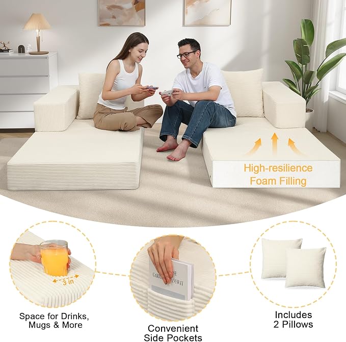 COMAX Boneless Couch Futon Sofa Bed Couches Versatile Queen for Living Room 79 4 in 1 Convertible Sleeper Corduroy Couch Foam in a Box Foldable Fold Out Floor Mattress No Assembly Required Beige