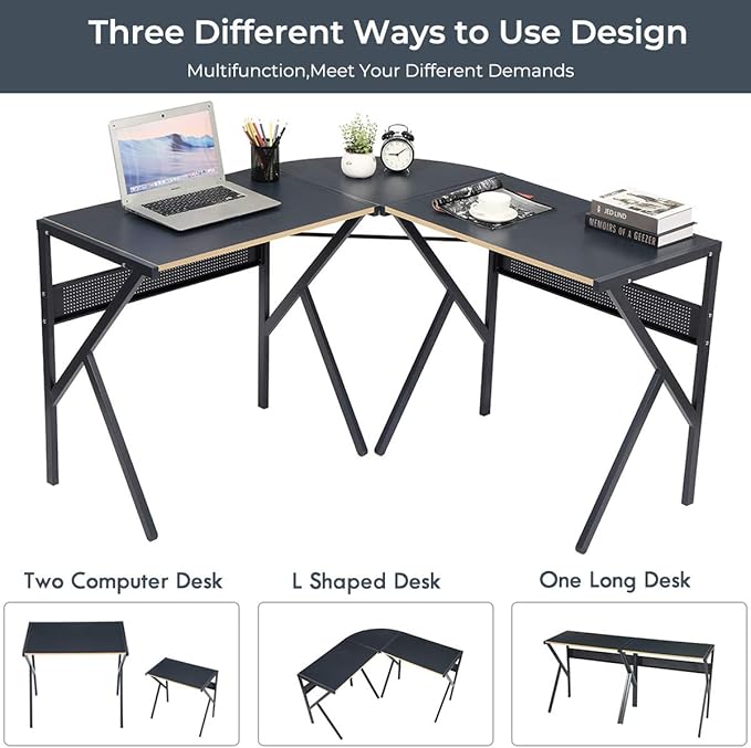 FurnitureR L-Shaped Computer Desk Gaming Table Home Office Corner Desk Writing Study Computer Table with Sturdy Metal Frames for Home Office Saves Space Black (49.2 Inch)
