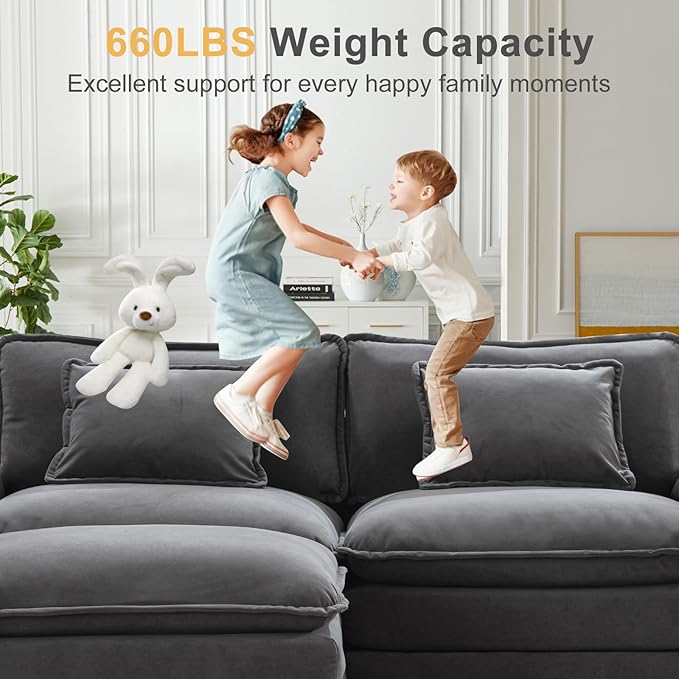 Modular Sectional Sofa 86 L Shaped Couch Set with Movable Ottoman Flannel Comfy Cloud Couch Sectional Set Extra Deep Seat Sofa with 2 Pillows for Living Room (Dark Grey 2-Seat &amp 1-Ottoman)