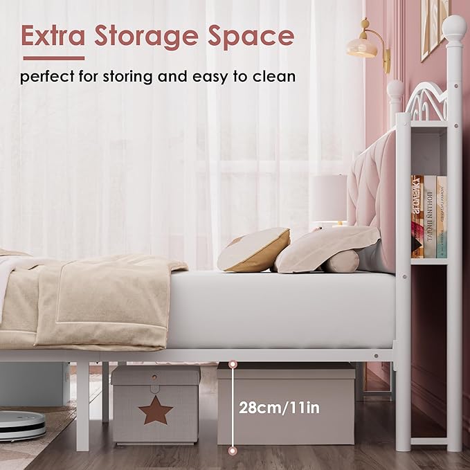 Queen Upholstered Canopy Bed Frame with 2 Drawers &amp Crystal Tufted Storage Headboard Two-Purpose Metal Platform Bed with 4 Removable Posts &amp Charging Station Pink Princess Bed Curtain Not Inc