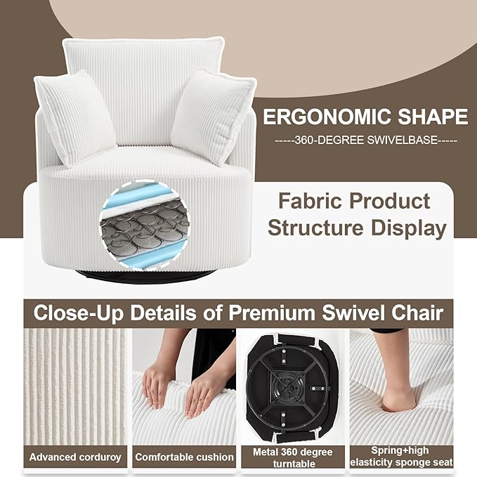 Swivel accent chairSwivel barrel chairReclining armchairs for bedrooms Swivel chairUpholstered Living Room Chair Corduroy Reading Chair Single Sofa Chair for Apartment Office(Modern White)