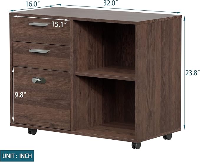 Drawer Wood File Cabinet with Coded Lock Mobile Lateral Filing Cabinet Printer Stand with Open Storage Shelves for Home Office Modern Popular Wood Grain