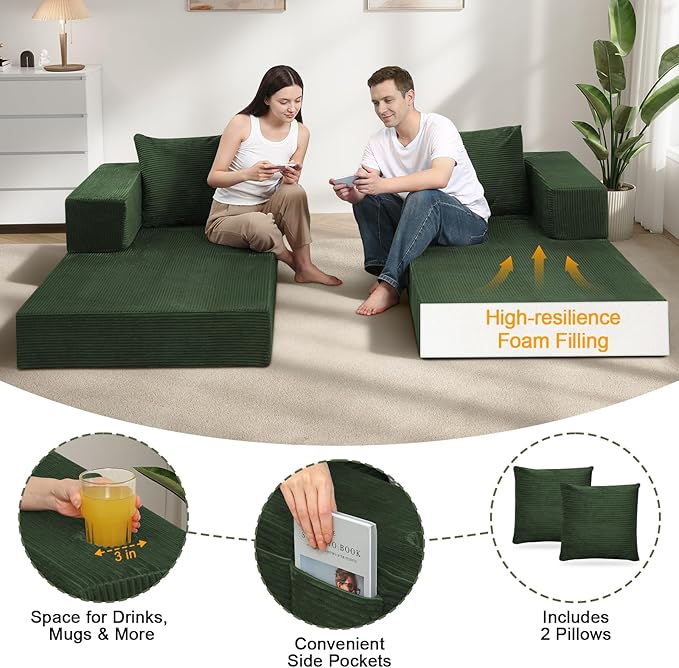 COMAX Queen Size Boneless Couch 79 Futon Sofa Bed Couches for Living Room 4 in 1 Convertible Sleeper Sofa Corduroy Couch Bed Foam in a Box Foldable Cloud Couch Floor Mattress Green