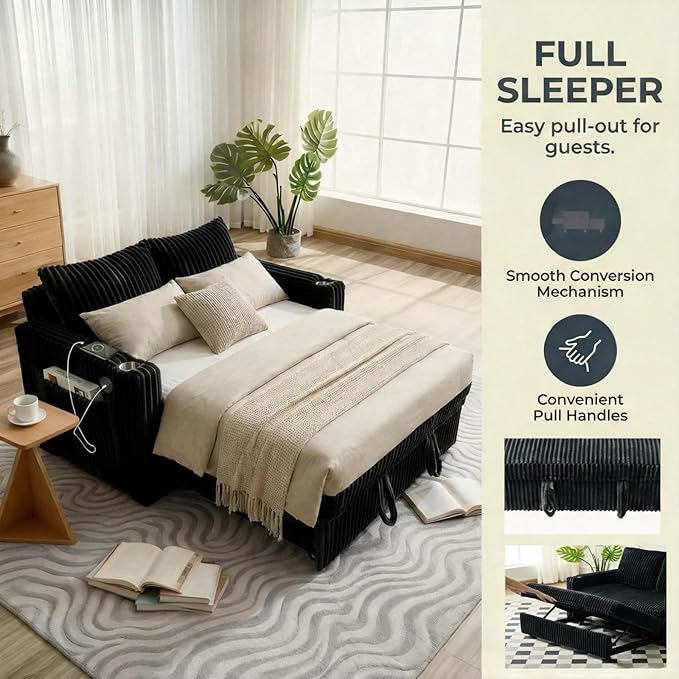 Dreamzie 53 Pull Out Couch 3 in 1 Convertible Sleeper Sofa Bed Corduroy Fabric Double Loveset with Pull Out Bed USB Port Side Pockets and Cup Holders for Living Room and Apartment Black