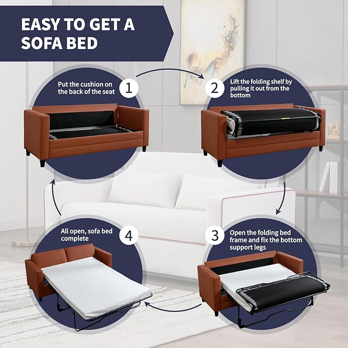 Full Size Pull Out Sofa Bed 2 in 1 Sleeper Sofa with Memory Foam Fold Out Mattress Modern Convertible Couch Bed with Faux Leather for Living Room Guestroom Apartment (Cognac Hue)