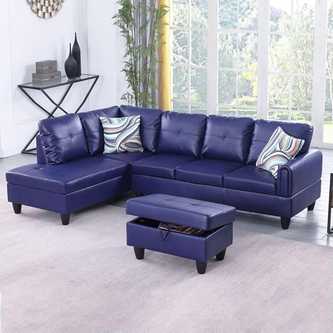 Blue L-Shaped 3-Piece Faux Leather Sofa with Storage Ottoman Set Sectional Couch Sofa Set for Living Room Office Small Space