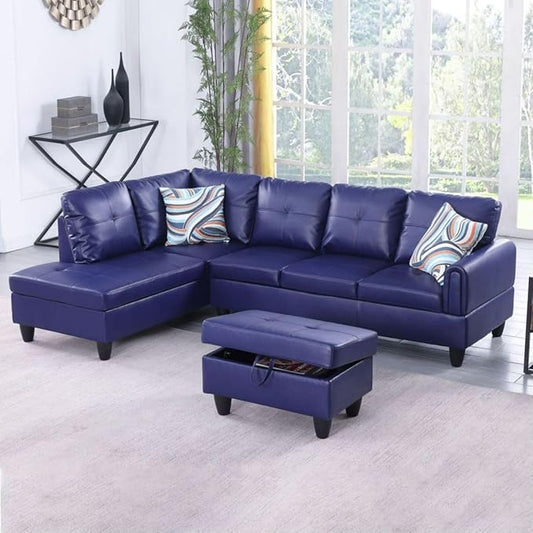 Blue L-Shaped 3-Piece Faux Leather Sofa with Storage Ottoman Set Sectional Couch Sofa Set for Living Room Office Small Space