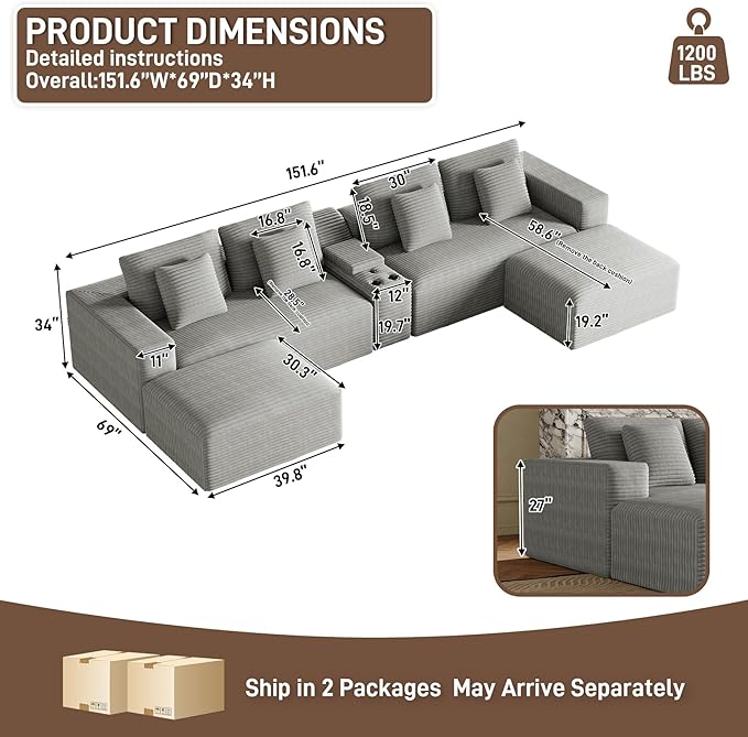 151 U Shaped Cloud Sectional Couch Modular Sofa Comfy Oversized Boneless Couches for Living Room Plush Corduroy Sectional Sofa Set with Ottoman Storage Console USB Light Grey