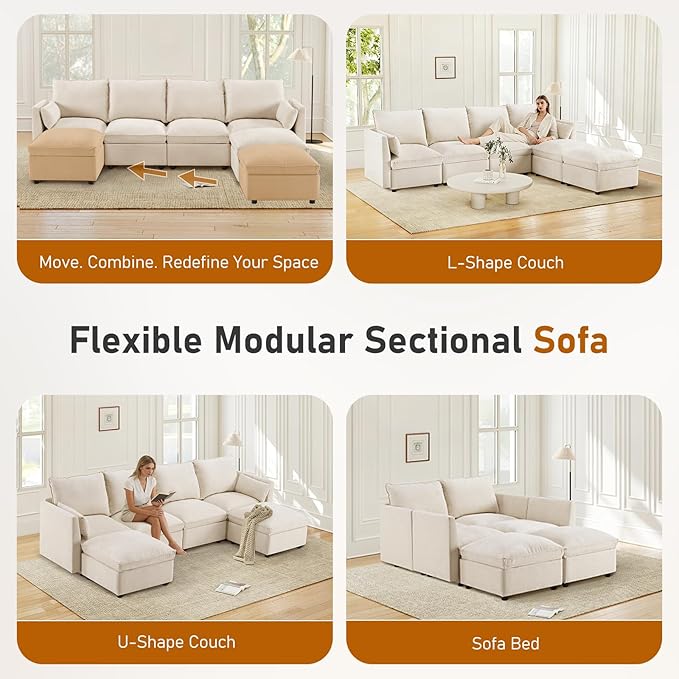 Furnimart 82.6 Modular Sectional Sofa with Full Seat Storage U-Shaped 3-Seater Deep Seat Couch with Chenille Fabric Sectional with 2 Movable Ottomans for Living Room Beige