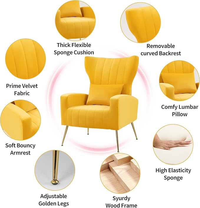 Living Room Chairs Set of 2 Modern Velvet Accent Chairs with Lumbar Pillow High Back Armchair Arm Chairs with Gold Metal Legs for Bedroom Yellow