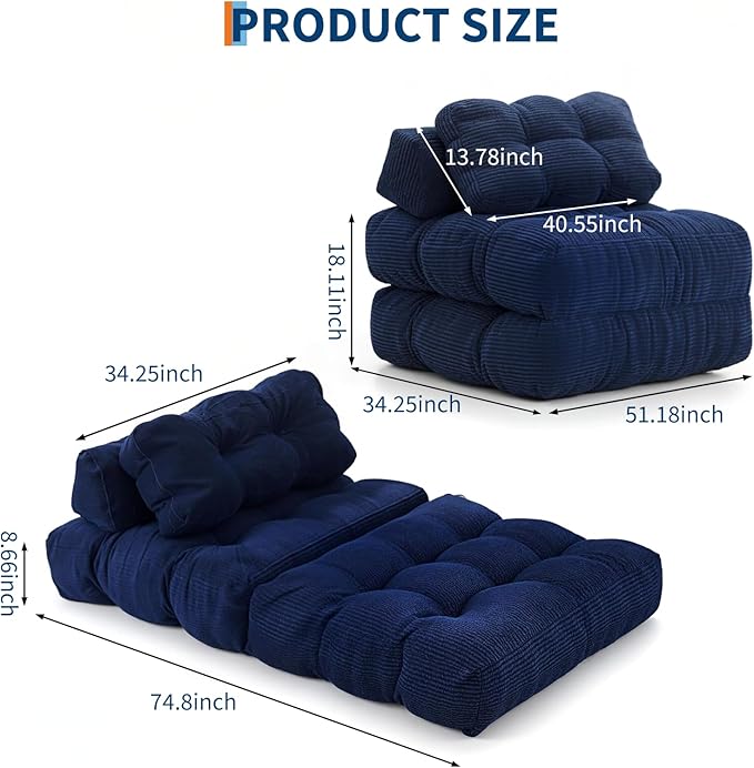 Folding Sofa Bed Convertible Sleeper Chair with Pillow Foldable Mattress&ampSide Pocket Portable Fold Out Chair Bed Comfy Floor Sofa Lounge for Living Room Bedroom Blue Single