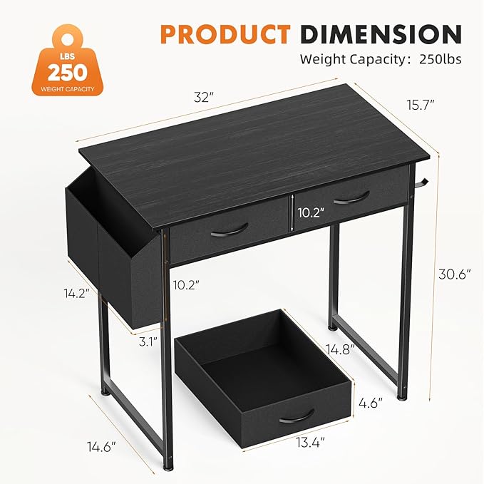 Sweetcrispy Small Desk with Fabric Drawers for Bedroom Home Office 32 Inch Computer Gaming Desk Writing Study PC Table with Side Bag Headphone Hook Metal Frame Adjustable FeetPure Black