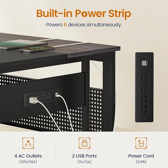 71 in Executive Desk with Power Outlets Reversible L Shaped Computer Desk with File Drawers &amp Storage Shelves Large Office Desk with Pegboard Mobile CPU Stand Modern Corner Desk (Grey)