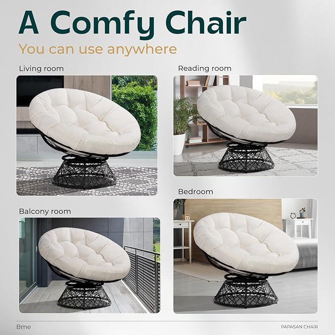 Bme 40 Ergonomic Wicker Papasan Chair with Soft Thick Density Fabric Cushion High Capacity Steel Frame 360 Degree Swivel for Living Bedroom Reading Room Lounge