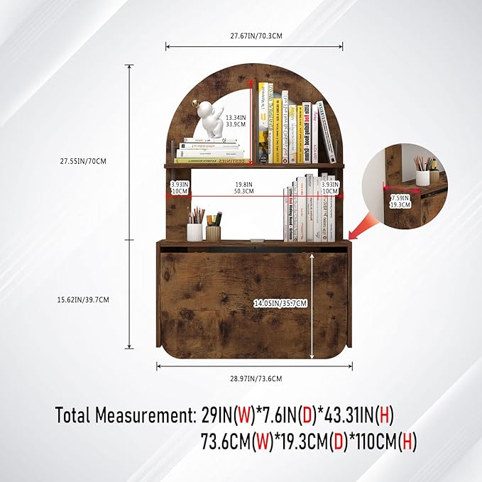 Wall Mounted Drop-Leaf Table Floating Laptop Desk Folding Table with Shelves Multifunctional Computer Workstation Storage Compartments in Home Office for Space Saving (Rustic Brown)