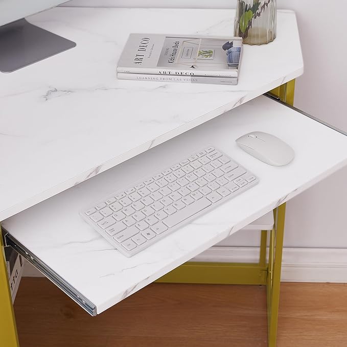 VECELO Corner Desk Computer Desk Writing Table with Smooth Keyboard Tray&ampStorage Shelves for Small Spaces/Compact Home Office Triangle TableGold &amp White