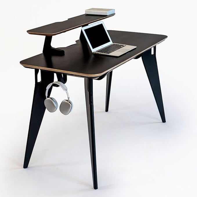 HOEK Desk Bundle Modern Home Office Desk with 47.5 x 23 Integrated Monitor Shelf Storage Shelf Wall Cleat and Hook Space-Saving Portable Collapsible Table for Work and Study (Black/Black)
