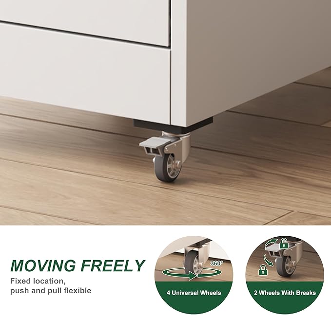 5 Drawer Small File Cabinet with Lock on Wheels Heavy Duty Metal Storage Cabinet Organizer Under Desk Locking Drawers for Home OfficeWhite