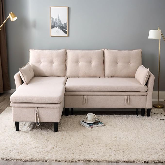 78 L-Shaped Sleeper Sofa Bed Couch 3-Seater Reversible Pull Out Couch Bed with Storage Chaise Lounge Cotton-Linen Pullout Sofabed Sectional Couches for Living Room Apartment Beige