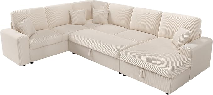 AMERLIFE 129 Inch Sectional Couches for Living RoomSectional Couch with Storage &amp OttomanModular Sectional Sofa Converts to SleeperCloud Couch Sectional for Large Space with CorduroyOff-White