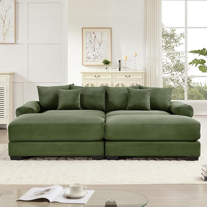 92.4 Oversized Modular Sectional Sofa Corduroy Large Sectional Couches for Living Room Love Seat Couches with 2 Movable Ottomans Modern Deep Seat Sofa Set U Shaped Green