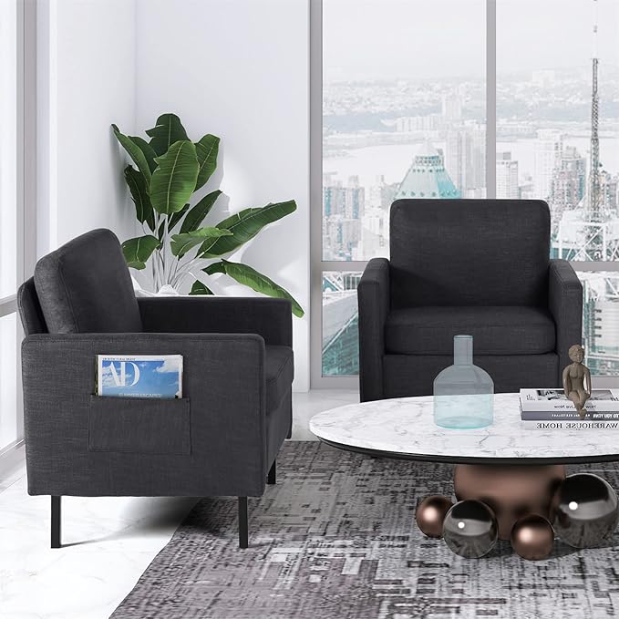 STHOUYN Fabric Comfy Small Accent Chair Set of 2 Living Room Bedroom Chairs Reading Arm Chair for Adults Suitable Small Spaces Office Couch Dark Grey (2 Dark Grey)