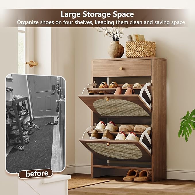 Nicetree Shoe Cabinet for Entryway Slim Shoe Rack with 2 Flip Drawers and Top Storage Drawer Narrow Shoe Organizer with Arched Rattan Accent Entryway Shoe Storage for Size 12 Shoes Caramel