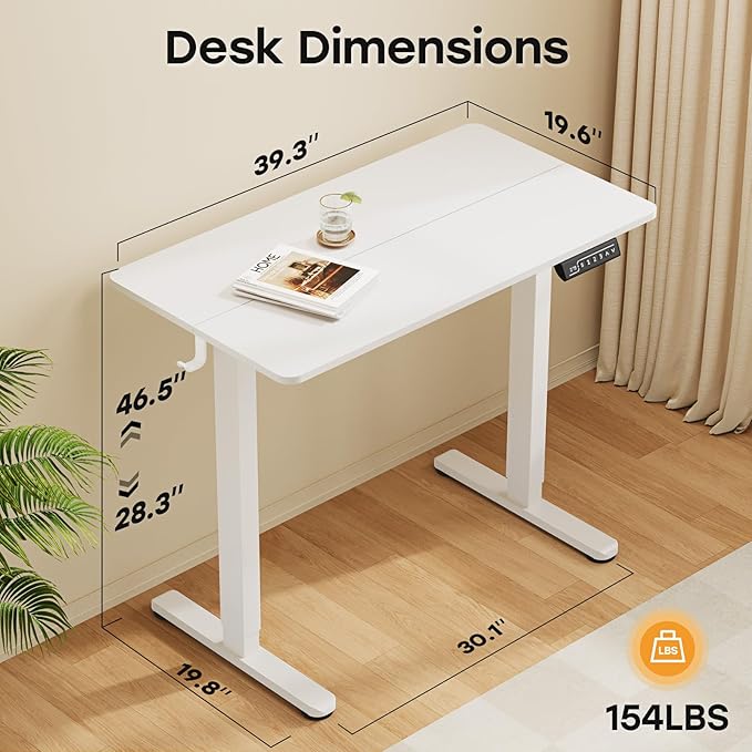 Small Standing Desk 40 ×20 Electric White Standing Table Height Adjustable Compact Sit Stand Desk with Splice Board Home Office Table with 2 Hooks