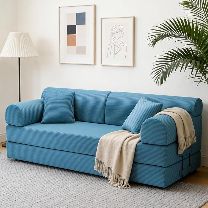 KEIKI 78 2Seat Sleeper Corduroy Sofa Couch for Beach House Small Space Family Friendly Homeowners Warm Inviting Comfy Supportive Rest Space Elegant Premium Premium Design Azure