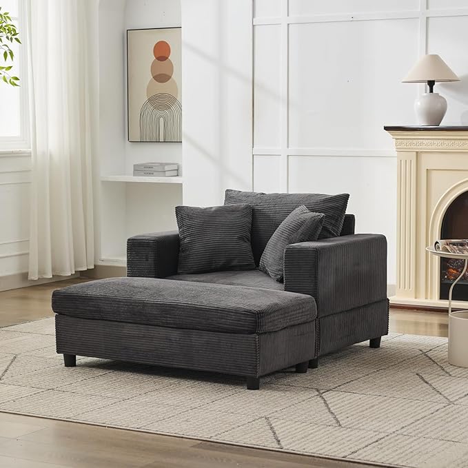 Chaise Lounge Chair with Removable Ottoman Modern Corduroy Accent Sleeper Sofa Bed with Pillows Deep Seat Upholstered Armchair for Living Room Bedroom (Dark Gray)