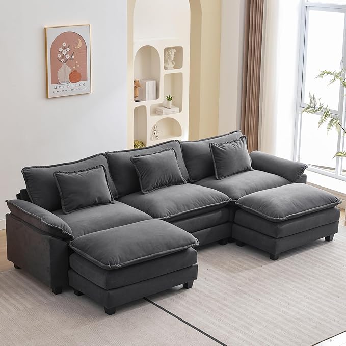 Sectional Sofa Comfy Cloud Couch for Living Room with Pillows Modern Velvet Sofa Sleeper Deep Couches with Two Ottoman (Grey 5-Seat)