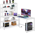 LITTLE TREE L-Shaped Computer Desk 55 Inch Reversible Office Desk Study Writing Table with Wireless Charging and Bookshelf for Home Office White