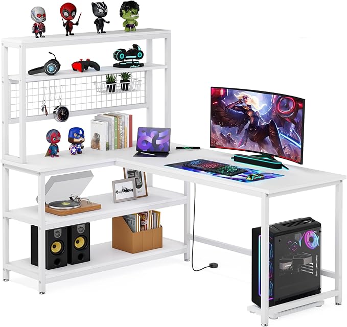 LITTLE TREE L-Shaped Computer Desk 55 Inch Reversible Office Desk Study Writing Table with Wireless Charging and Bookshelf for Home Office White