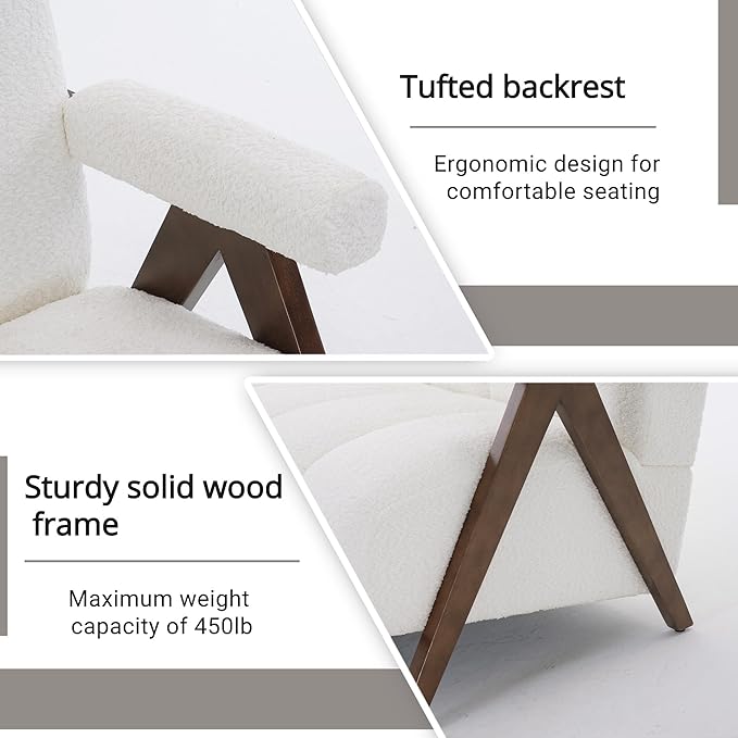 Mid Century Modern Accent Chair Loveseat Sofa with Solid Wood Frame Boucle Upholstered Living Room Chairs with Thick Cushion Comfy Tufted Arm Chair for Bedroom Ivory