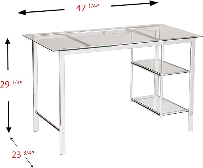 SEI Furniture Oslo Glass Writing Desk 47 Wide - Two Fixed Shelves w/Broad Glass Tabletop Chrome (AMZ9258OH)