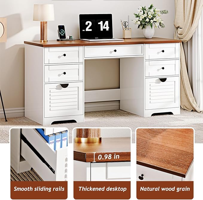 59 Home Office Desks Executive Desk Farmhouse Computer Desk with 7 Drawers and Charging Station File Drawer Rustic Computer Writing DeskAntique Cream