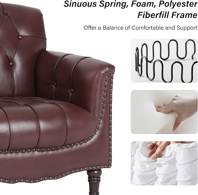 Faux Leather Accent Chair PU Leather Modern Comfy Upholstered Armchair with Wood Legs &amp Nailhead Trim for Living Room Bedroom (RedSet of 2)