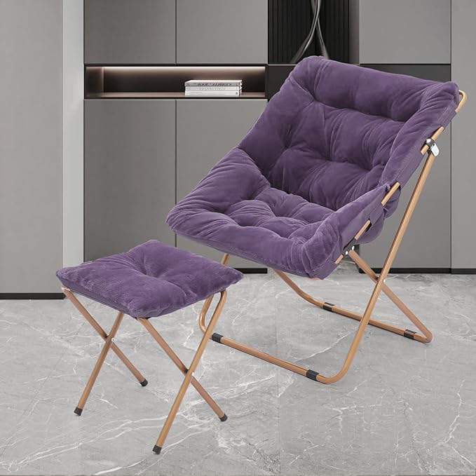Athena Collection Comfy Saucer Chair and Ottoman Set for Adult Comfortable Faux Fur Square Oversize Folding Reading Chair with Metal Leg Lazy and Cozy for Bedroom Living Room Purple