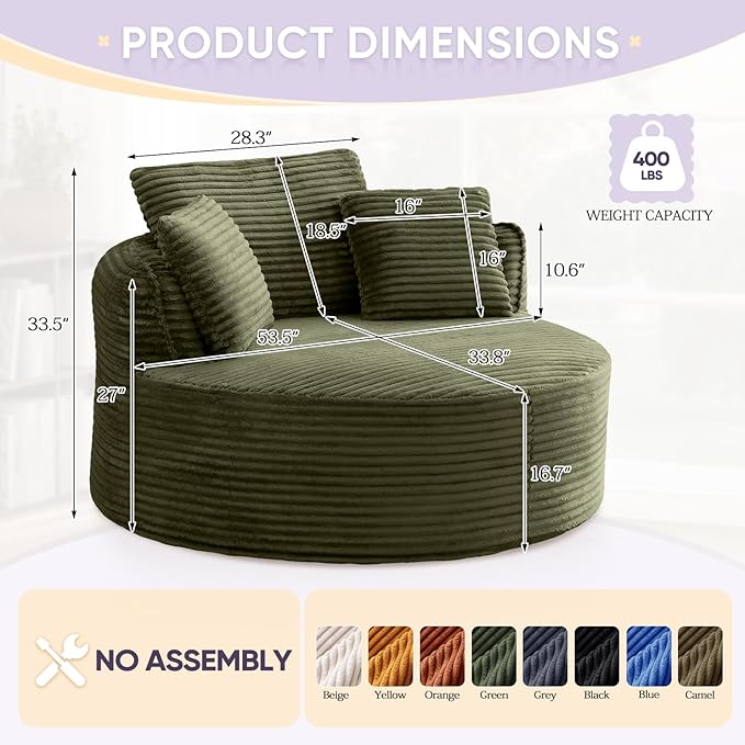 Antetek 53.5-inch Round Chair Modern Accent Corduroy Comfy Deep Seat Boneless Foam Floor Single Circle Chaise Sofa Chair with 3 Pillows for Living Room Bedroom Office No Assembly Required Green