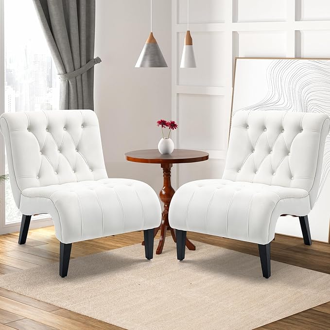 AVAWING Armless Accent Chair Set of 2 Upholstered Button Tufted Living Room Chairs with Wood Legs Comfy Frosted Velvet Lounge Chair Reading Chair for Bedroom Cream White