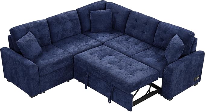 Velvet Fabric L-Shape Reversible Sleeper Sectional Sofa Couch 2 in 1 Pull Out Convertible Sofa Bed with Wheels and USB Ports for Living Room Apartment Office (Navy Blue-SFB)