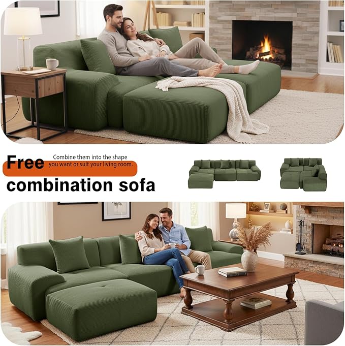 120 Modular Cloud Couch Sectional Boneless Couch with Ottoman Modern Modular L-Shaped Sofa Bed with Deep Seat Upholstered 3-Seater Sectional Couches for Living Room Apartments (Green)