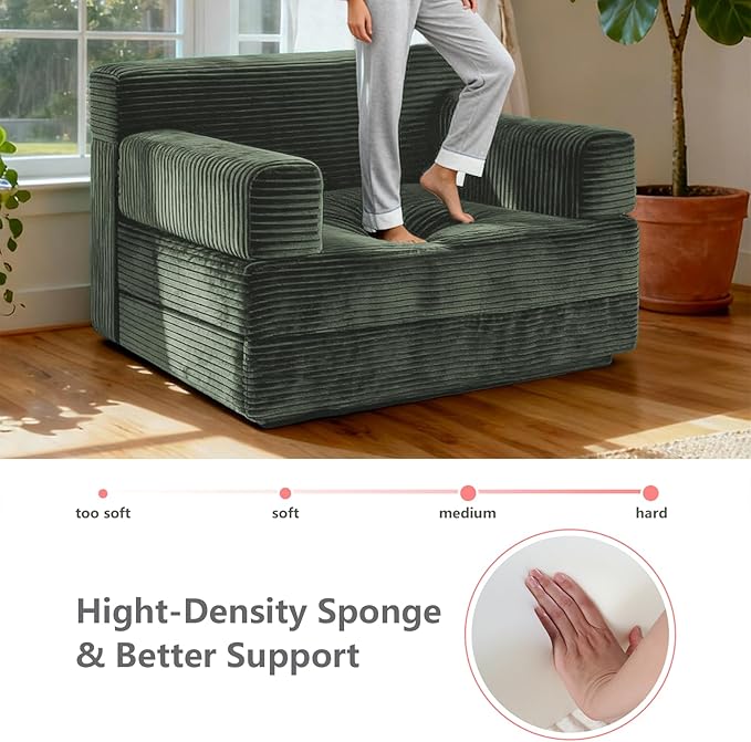 Folding Sofa BedConvertible Sofa Bed with Armrest Foldable Sleeper Chair Portable Folding 4-in-1 Floor Sofa with Convertible Lounge Chair for Living RoomBedroomWashable CoverGreen Single