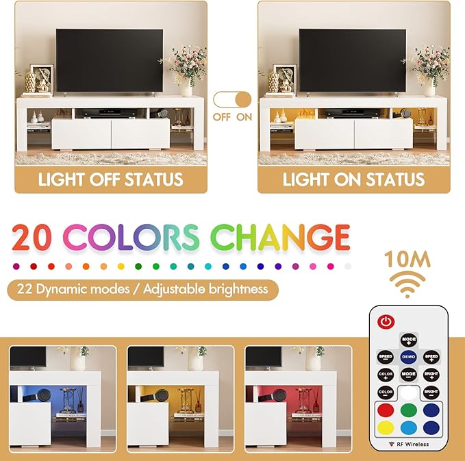 JUMMICO TV Stand with LED Lights Modern Entertainment Center Media and Open Shelf Console Table Storage Desk with 1 Drawer and Remote Control 20 Color LED Lights up to 70 Inch TV (White)